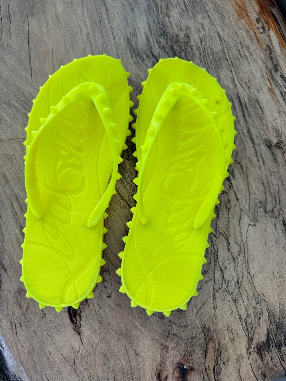 Christian Louboutin Neon Yellow Spike Rubber Flip Flops 39